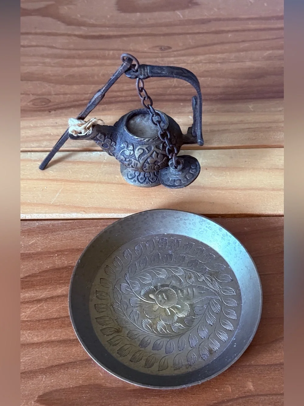 Vintage Miniature Brass Hanging Oil Lamp w/ Iron Hanger & Tray Diya Style 3.5”